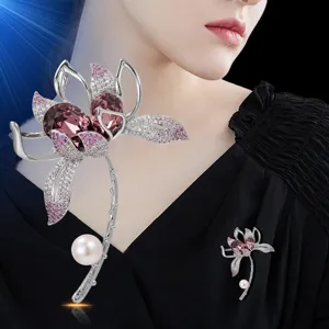 Elegant crystal flower brooch with purple stone and pearl pendant for women fashion clothing