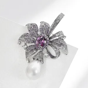 Elegant purple cubic zirconia flower pearl brooch luxury coat pin fashion jewelry accessory