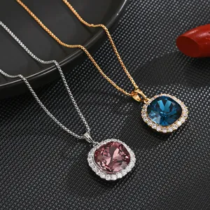 Fashion Crystal Geometric Square Pendant Necklace Copper Rhinestone Clavicle Chain Jewelry Gift For Women