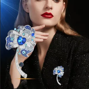 Elegant blue crystal flower brooch for women luxury fashion corsage accessory pin