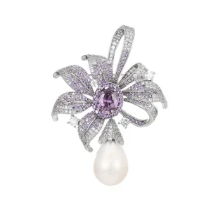 Elegant pearl flower brooch pendant with purple and clear crystal zircon luxury accessory
