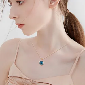Elegant blue crystal square pendant necklace gold chain fashion luxury jewelry for women main