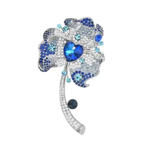 Elegant blue crystal flower brooch with a sparkling heart-shaped center stone for women.