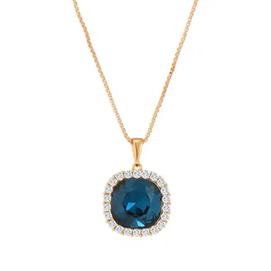 Austrian crystal geometric square clavicle necklace with blue stone and gold chain main view