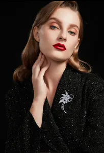 Exquisite floral zircon brooch detail shot showcasing sparkling micro-pave crystals and elegant design.