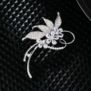 Exquisite Copper Rhinestone Flower Leaf Brooch Elegant Platinum Plated Zirconia Dress Suit Pin Women Jewelry Gift