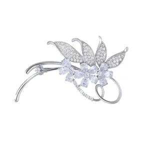 Elegant micro-pave cubic zirconia floral brooch for women, luxury fashion corsage pin accessory.