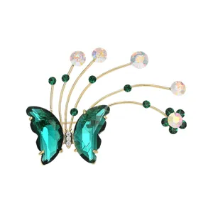 Elegant green crystal butterfly brooch gold tone zircon pin suit dress accessories
