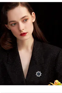 Exquisite ship steering wheel brooch detail, shimmering micro-inlaid zircon, elegant suit accent.