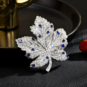 Elegant Zircon Maple Leaf Brooch Silver Plated Blue Stone Suit Coat Pin Women Jewelry
