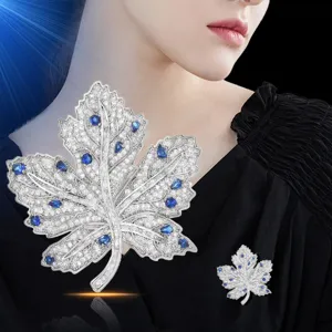 Elegant blue zirconia maple leaf brooch luxury crystal pin for suit coat accessories