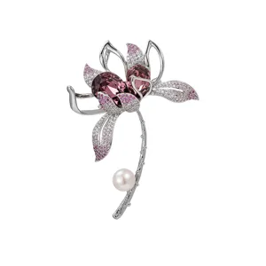 Elegant silver flower brooch with purple crystals and pearl, exquisite accessory for women.