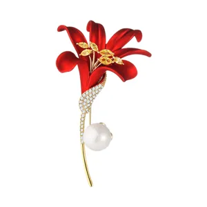 Red lily flower brooch pin with pearl and rhinestones for women fashion jewelry accessory
