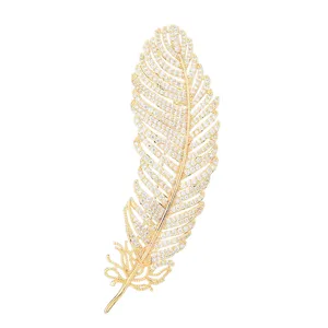 Main view of luxury gold rhinestone feather brooch pin, elegant fashion suit accessory jewelry.