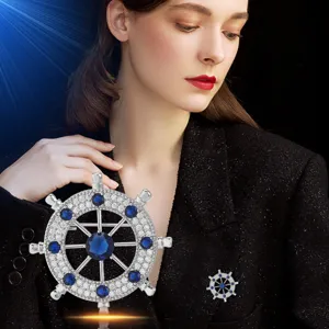 Men nautical ship wheel brooch micro inlaid zircon fashion suit coat accessory main view