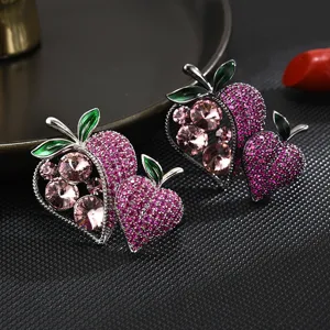 Elegant Double Strawberry Brooch Copper Zirconia Inlaid Rhinestone Enamel Leaf Pin Fashion Jewelry Gift For Women