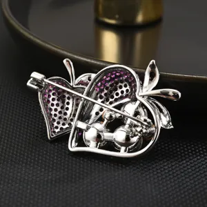 Double strawberry brooch pin with shiny pink zircon crystals, elegant fashion jewelry accessory.