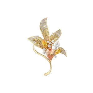 Elegant floral brooch featuring sparkling colorful cubic zirconia stones and gold tone finish for women.