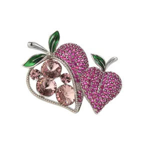 Exquisite double strawberry crystal brooch featuring sweet pink zircon and green enamel leaves.