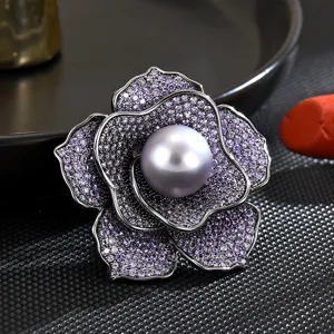 Luxury Copper Purple Zirconia Flower Brooch For Women Grey Artificial Pearl Elegant Floral Pin Clothing Accessories Corsage