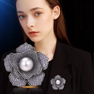 Luxury purple zircon flower brooch with grey pearl, elegant crystal corsage for women winter.