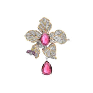 Exquisite ruby flower brooch vintage coat pin elegant jewelry crystal zircon accessory