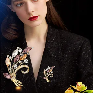 Korean style colorful zirconia bouquet brooch, copper gold-plated micro-set crystal jewelry.