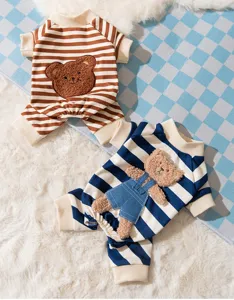 Cute striped pet four-leg clothes with bear details, ideal for cats and small dogs.