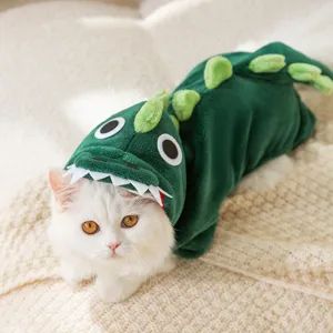 Cute green dinosaur fleece pet costume for cats and small dogs, warm detail view.