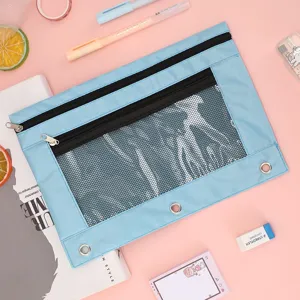 Trousse à crayons bleue 3 trous en tissu Oxford avec fenêtre maille pour rangement papeterie bureau.