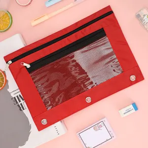 Trousse à crayons rouge à 3 anneaux en tissu oxford grand capacité organisateur papeterie