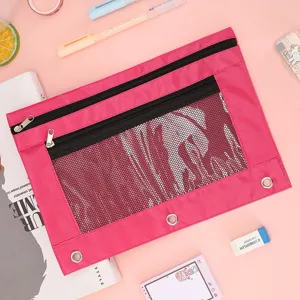 Trousse à crayons à 3 trous en tissu Oxford sac de documents grand format pochette en maille