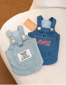 Cute denim pet overall dress for small dogs and cats, autumn spring casual pet apparel with pockets.