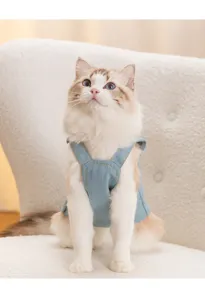 Close-up shot of a cute cat wearing a blue denim overall skirt, perfect detail view.
