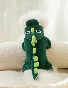 Detail shot of the cute green dinosaur fleece pet costume, perfect for warm autumn wear.