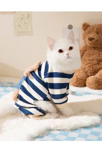 Cute striped four-legged pet cat clothes with cute bear design for spring and autumn daily wear.