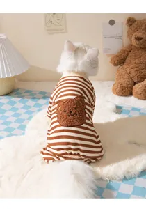 Cute striped four-legged cat clothes with fluffy bear patch cozy pet apparel.