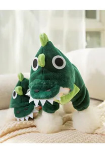 Cute green dinosaur pet costume, soft flannel warm four-leg winter clothes for cats and dogs.