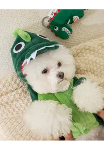 Flannel autumn winter warm cat dinosaur costume, cute four-leg pet hoodie for small dogs.