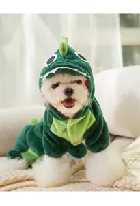 Flannel cute dinosaur pet costume detail, soft warm four-legged winter dog cat apparel.