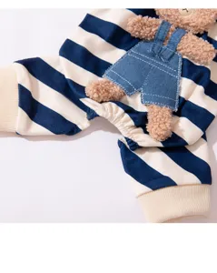 Cute striped pet four-leg jumpsuit detail showing plush bear and denim overalls design.