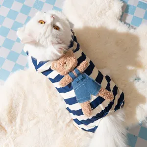 Cute Bear Striped Four Leg Pet Clothes Soft German Velvet Puppy Cat Pajamas Autumn Winter Small Dog Apparel