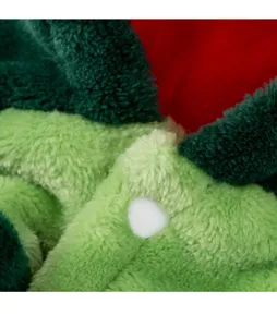 Flannel pet costume fabric detail, soft green fleece texture and white button close-up.