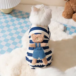 Cute striped four-legged pet cat clothes with 3D plush teddy bear spring autumn warm