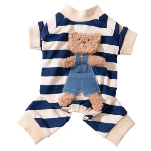 Cute striped four-legged pet cat clothes with 3D plush bear for spring autumn daily wear.