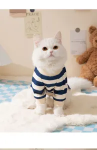 Detail schattige gestreepte huisdierenkleding, comfortabele kattenvriendelijke trui.
