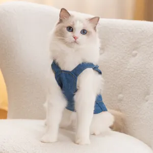 Cute denim overall dress for cats and small dogs, stylish spring pet clothing item.