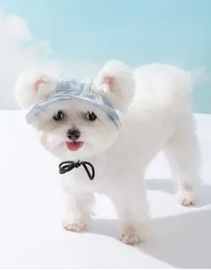 Gros plan détaillé du joli chapeau de soleil en jean pour animaux avec lien noir.
