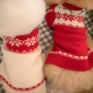 Maglione lavorato a maglia per cani gatti inverno caldo rosso bianco fiocco neve cucciolo