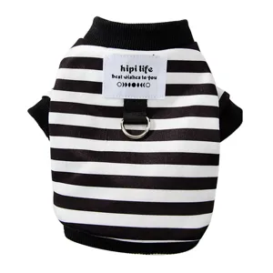 Sudadera a rayas en blanco y negro para perros con anilla, jersey acogedor para mascotas.